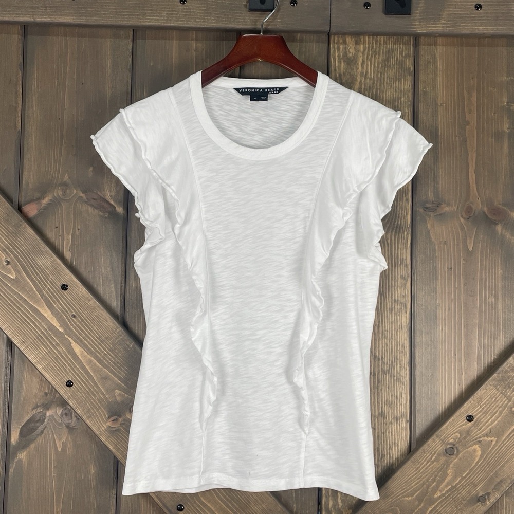 Veronica Beard Jeans Bea Ruffle Tee White Short Sleeve Medium 100% Pima Cotton